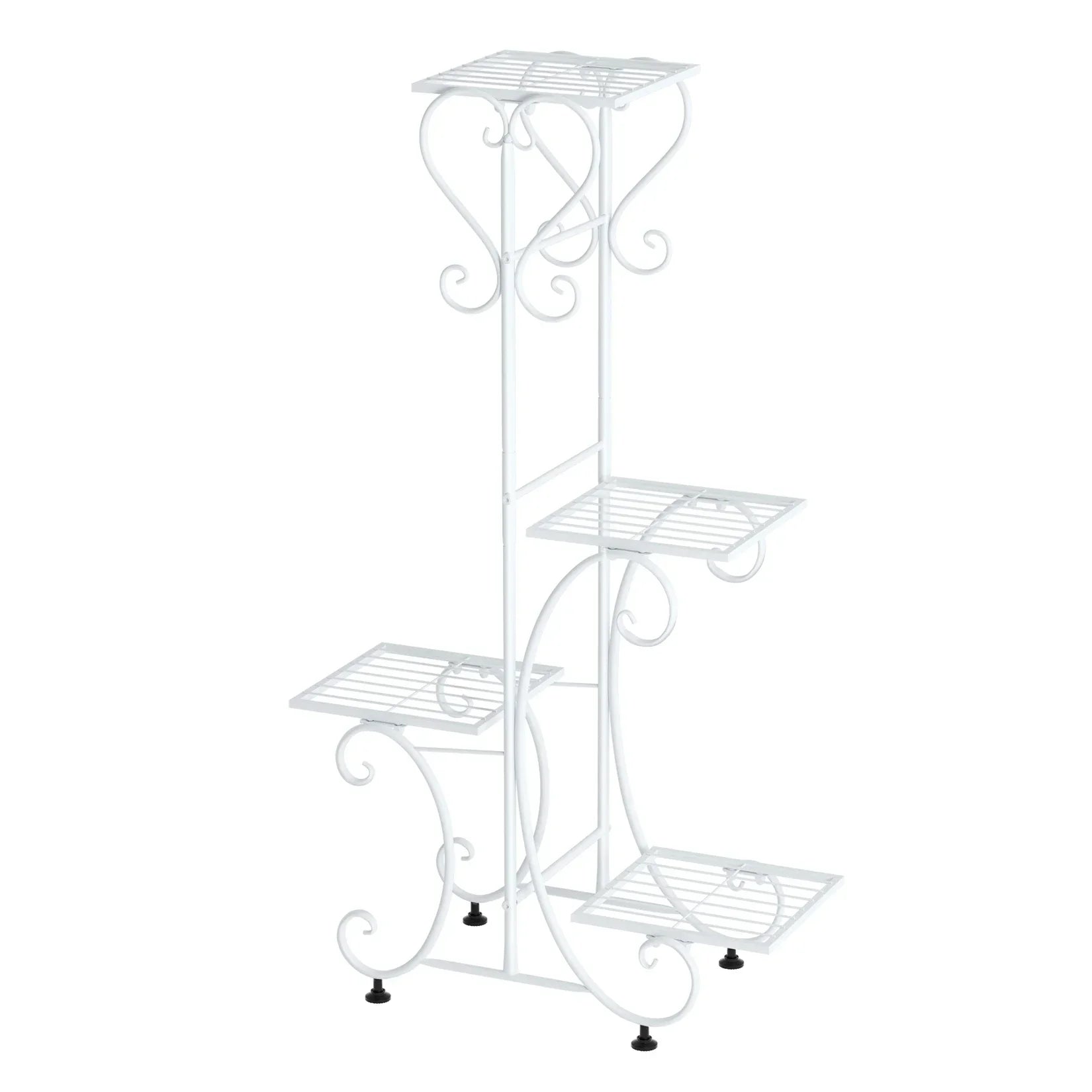 White wrought iron metal plant stand with four tiered shelves and decorative scrollwork for flower pots