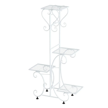 White wrought iron metal plant stand with four tiered shelves and decorative scrollwork for flower pots