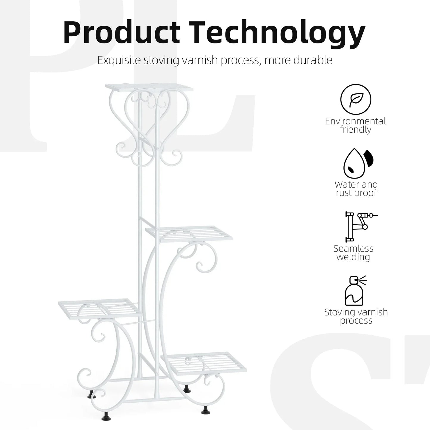 White wrought iron metal plant stand by DecorBites with ornate scrollwork and four tiered shelves for flower pots