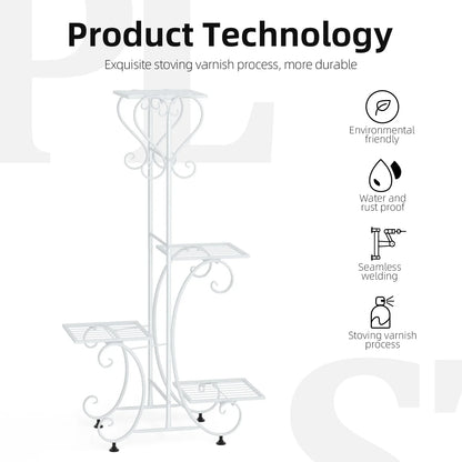 White wrought iron metal plant stand by DecorBites with ornate scrollwork and four tiered shelves for flower pots