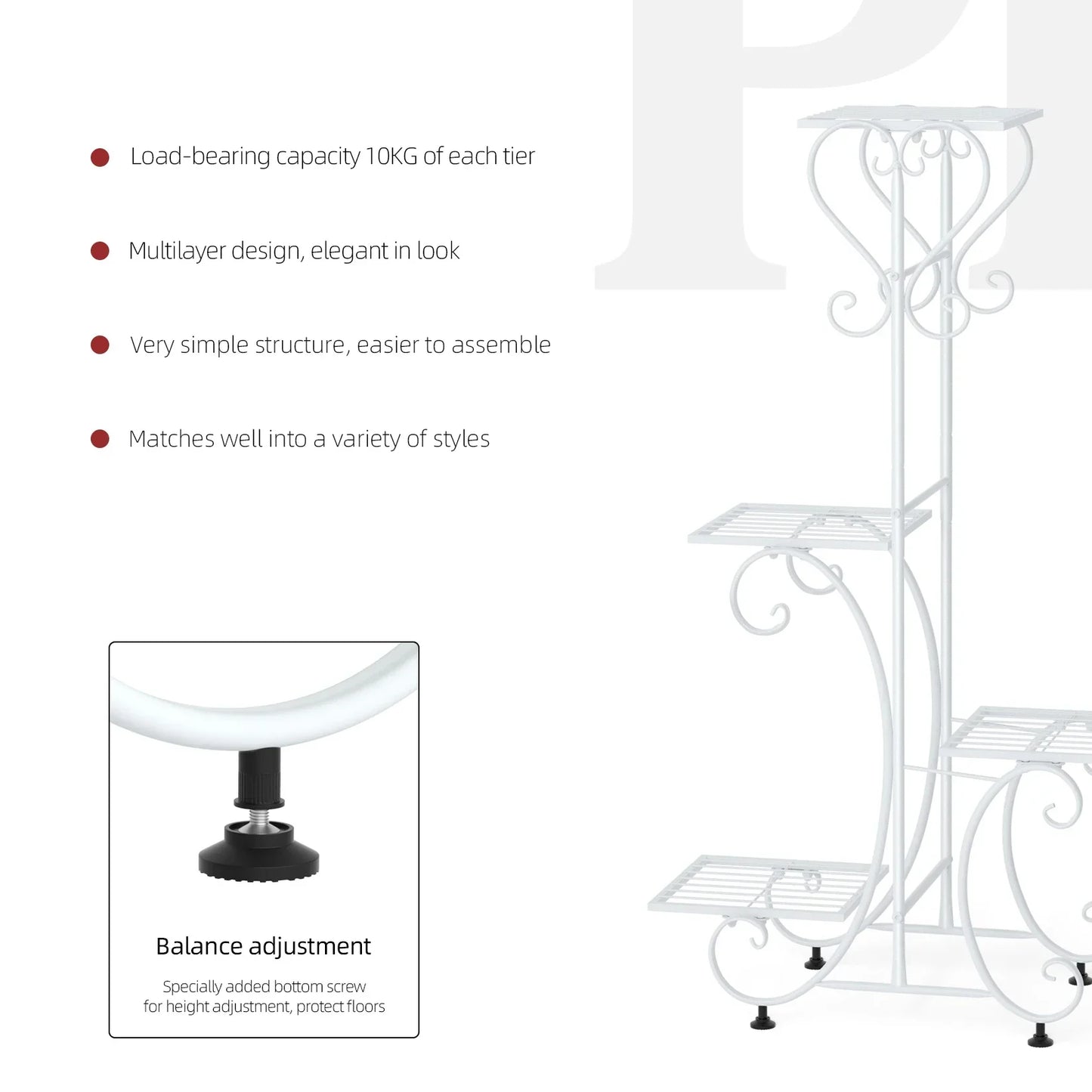 DecorBites metal plant stand in white wrought iron with ornate scrollwork and adjustable height feet for 4 flower pots