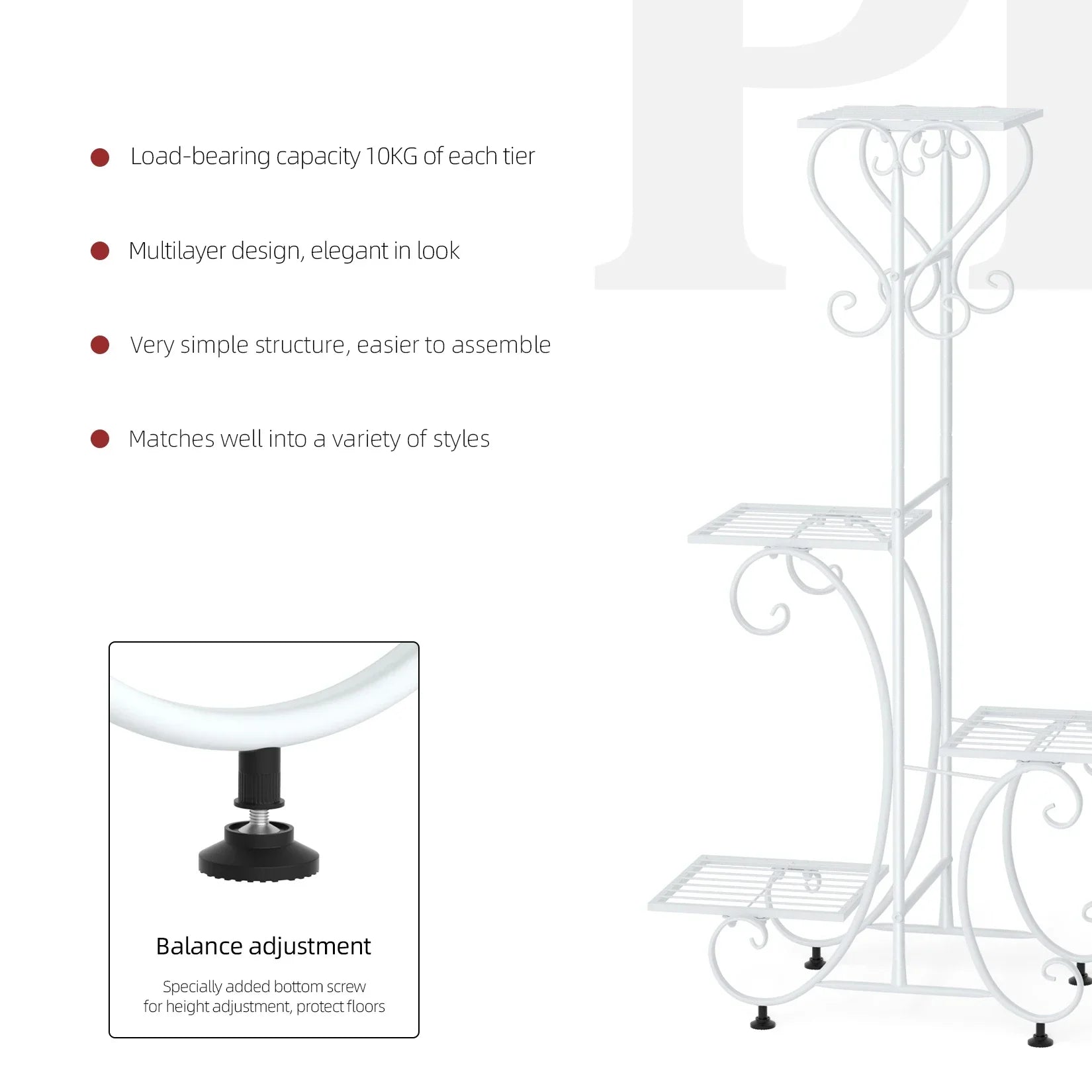DecorBites metal plant stand in white wrought iron with ornate scrollwork and adjustable height feet for 4 flower pots