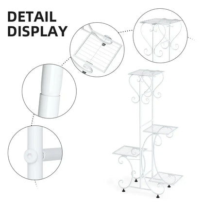 White wrought iron metal plant stand with ornate scrollwork and four tiered shelves for displaying flower pots