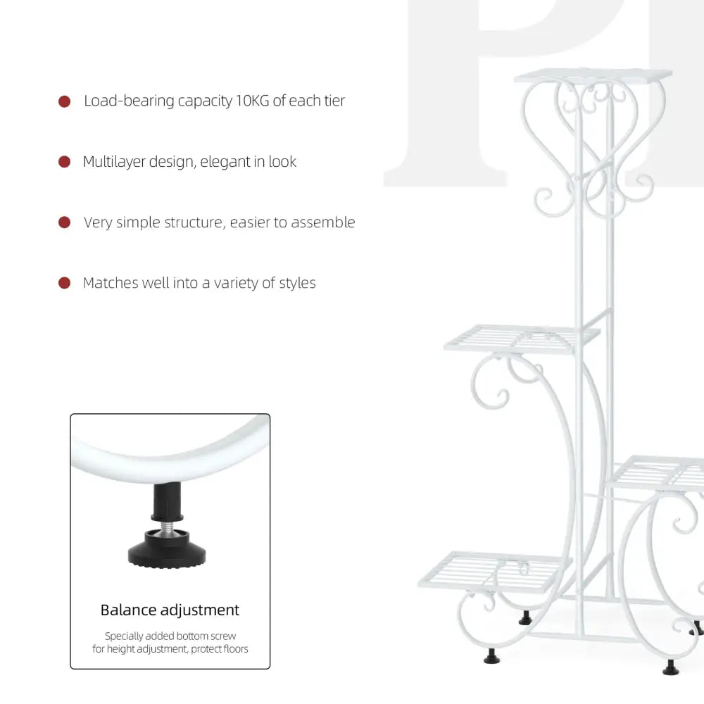 DecorBites metal plant stand in white wrought iron with ornate scrollwork and adjustable height feet for 4 flower pots