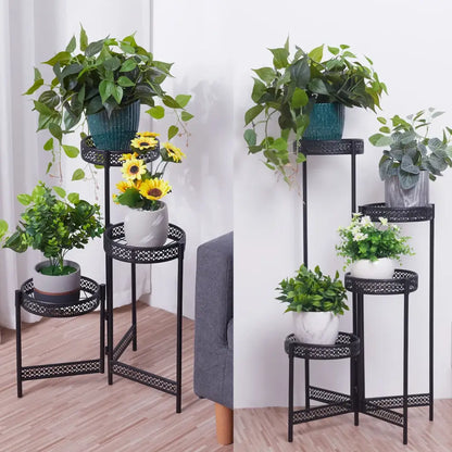 Black metal plant stand with ornate lattice design and three tiers for indoor and outdoor living room use
