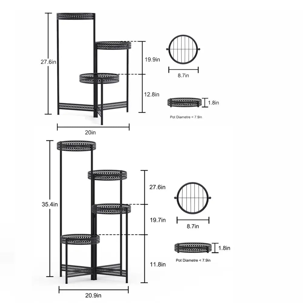 Black metal plant stand with three perforated tiers by DecorBites for indoor and outdoor living room use