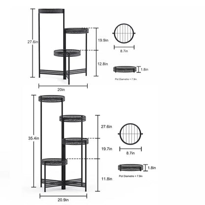 Black metal plant stand with three perforated tiers by DecorBites for indoor and outdoor living room use