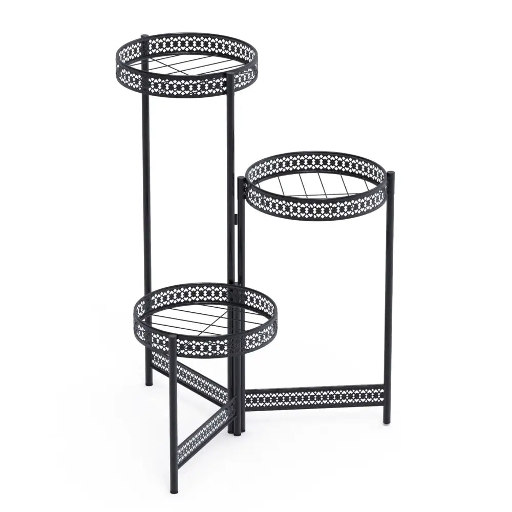 DecorBites™ black metal plant stand with three tiered ornate lattice shelves for indoor and outdoor living room use