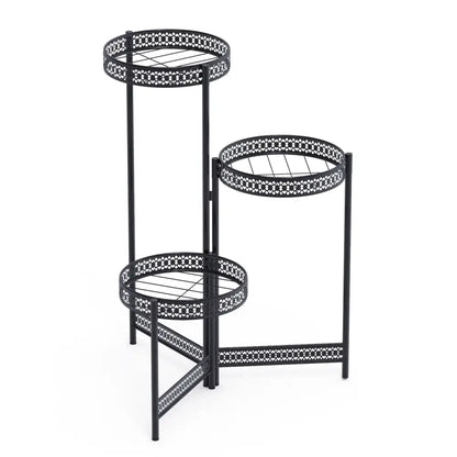 DecorBites™ black metal plant stand with three tiered ornate lattice shelves for indoor and outdoor living room use