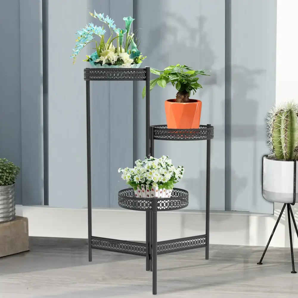 DecorBites metal plant stand black three-tier with decorative perforated shelves for living room and outdoor use