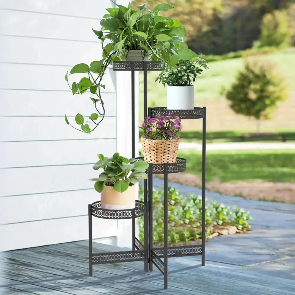 DecorBites metal plant stand in black wrought iron with three tiers and lattice pattern for living room or outdoor use