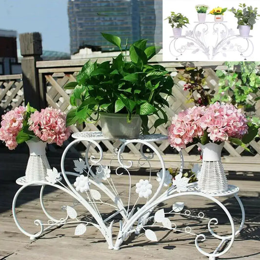 Decorbites™ white metal plant stand with three tiers and floral leaf designs for four potted flowers