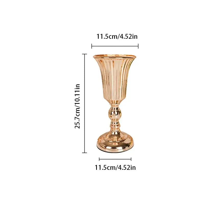 Gold-colored metal trumpet vase with fluted stemware and ornate base for wedding centerpiece decor by decorbites