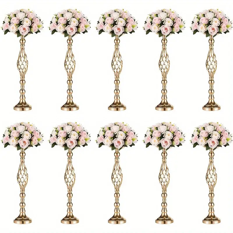 DecorBites™ metal vase set featuring golden metallic flower stands with intricate lattice designs and artificial roses
