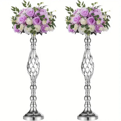 Silver ornate crystal-effect metal vase set with intricate lattice designs and fluted bases for special occasions