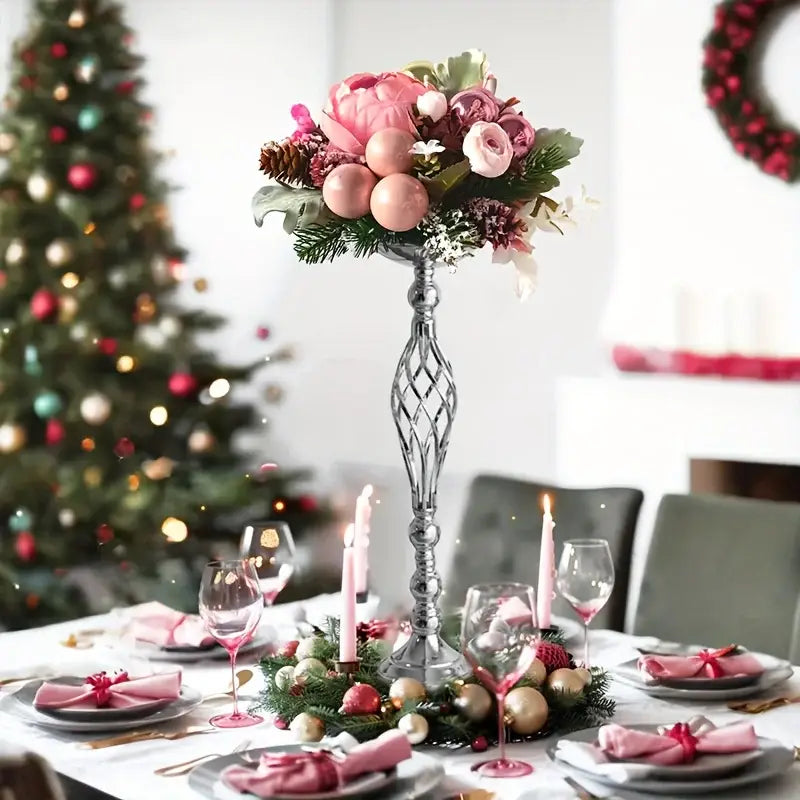 DecorBites metal vase set features a tall ornate silver metal vase with lattice design holding floral and festive decor