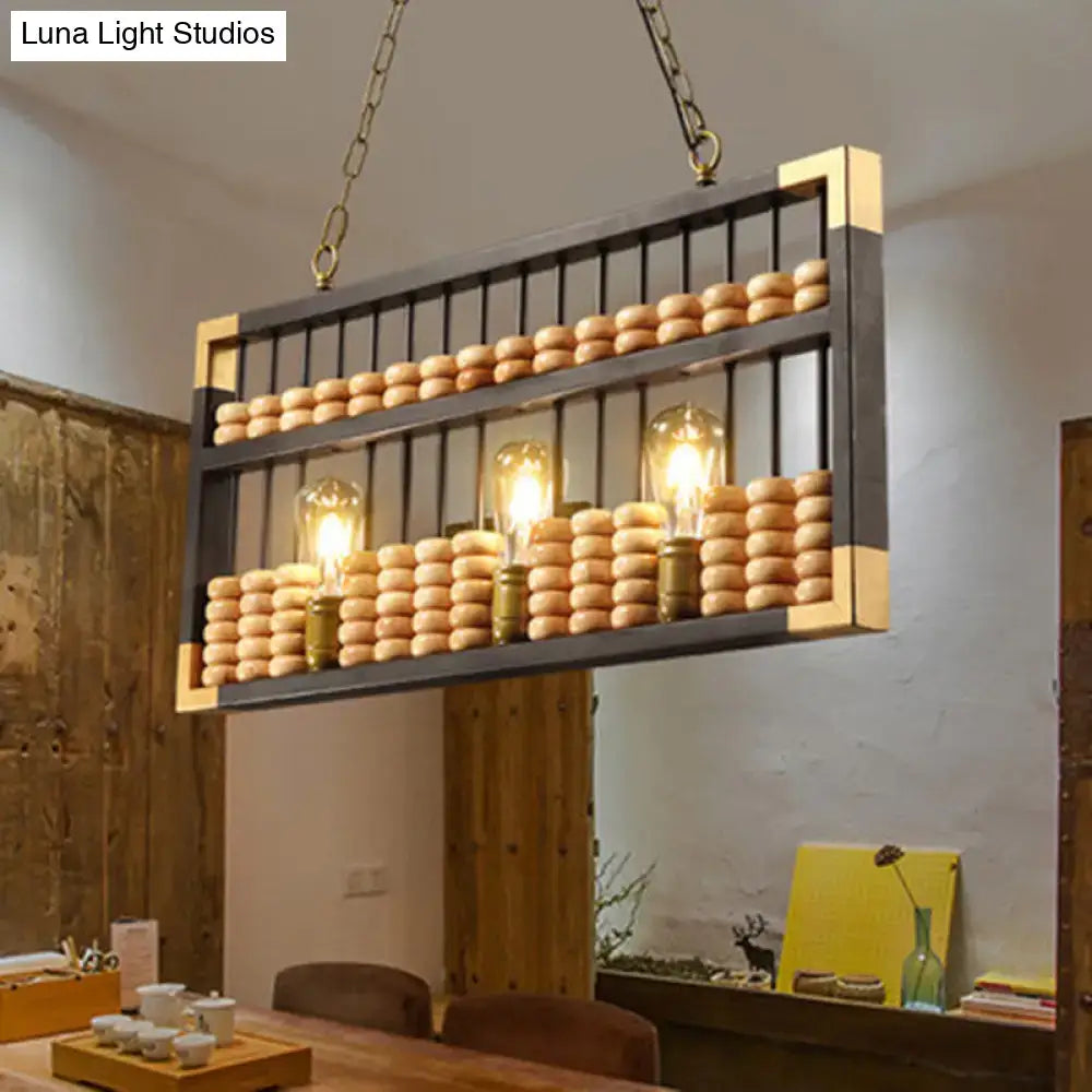DecorBites metallic 3-head abacus pendant light with dark metal and brass accents beige wooden beads 220v-240v chain cord length