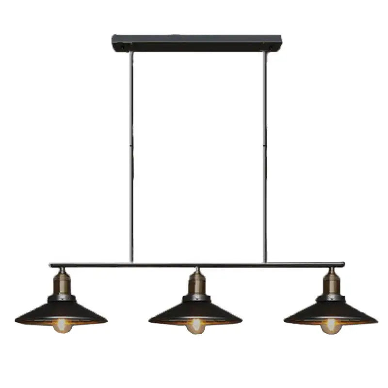 Industrial-style black metal decorbites antique cone shade pendant lighting with three exposed bulbs for island hanging use