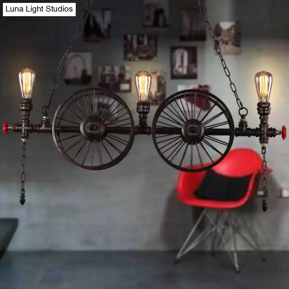 Decorbites metallic pendant light featuring antique 3-head dark metal wagon wheel design with decorative valve caps for 220v-240v use