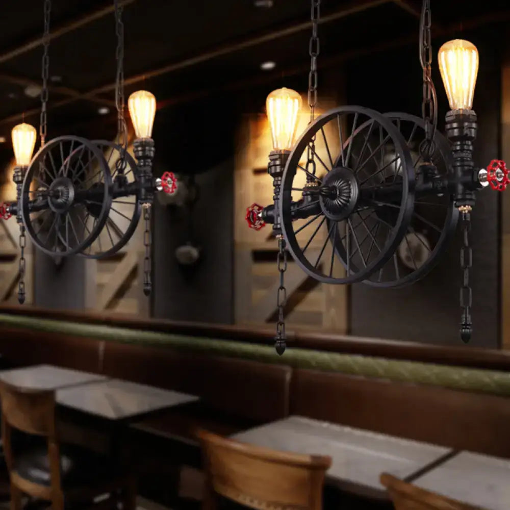 Industrial-style black wrought iron metallic pendant light with vintage bicycle wheels and antique 3-head wagon wheel design compatible with 220v-240v and 110v-120v