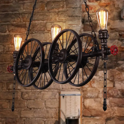 Decorbites metallic pendant light featuring an antique black wrought iron 3-head wagon wheel design with red valves compatible with 220v-240v and 110v-120v