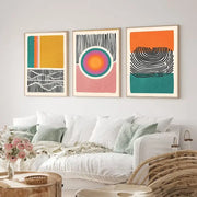 DecorBites mid century abstract color block wall art set with three framed prints featuring bold geometric patterns and vibrant colors