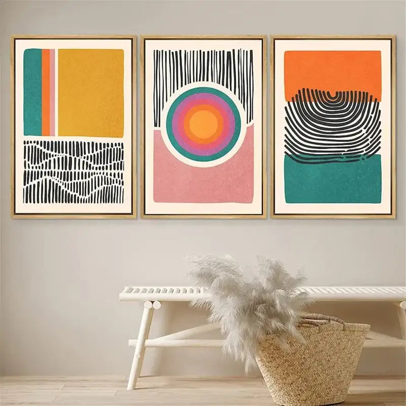 DecorBites mid century abstract color block wall art set featuring three wood framed geometric prints in vibrant colors
