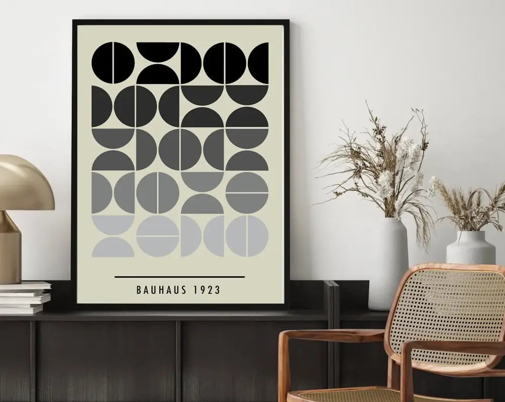 DecorBites™ mid century geometric wall art featuring black framed bauhaus 1923 canvas with black gray and ivory circles
