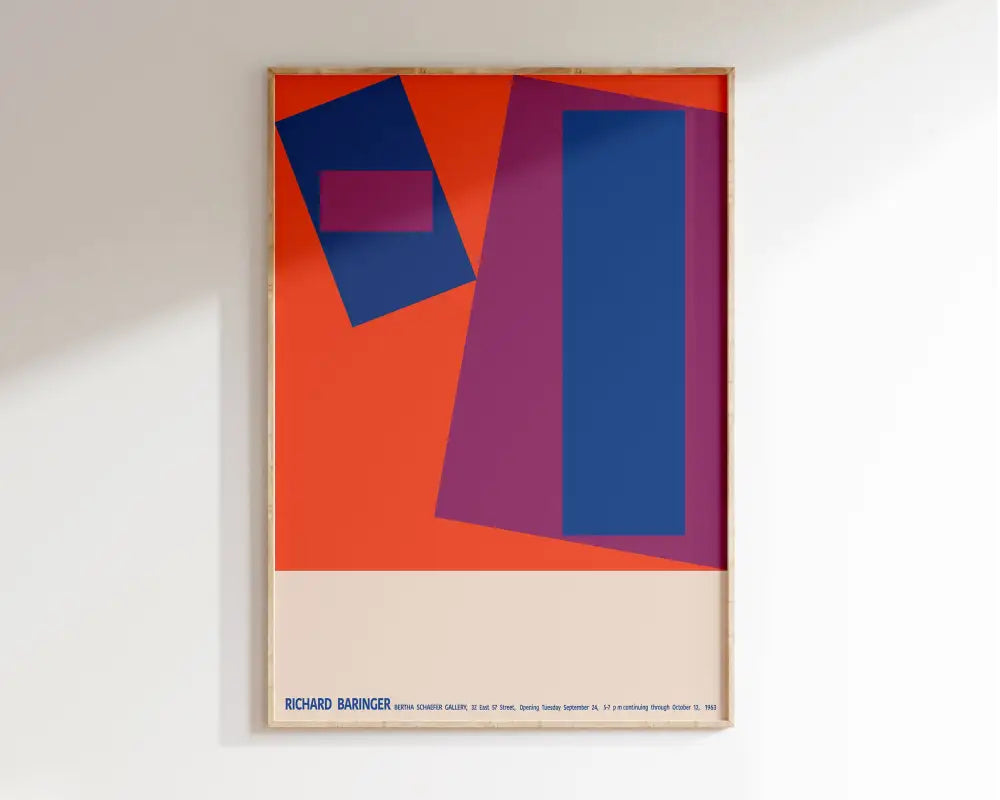 A framed mid century geometric wall art poster by DecorBites featuring bold orange, blue, and magenta shapes on cream