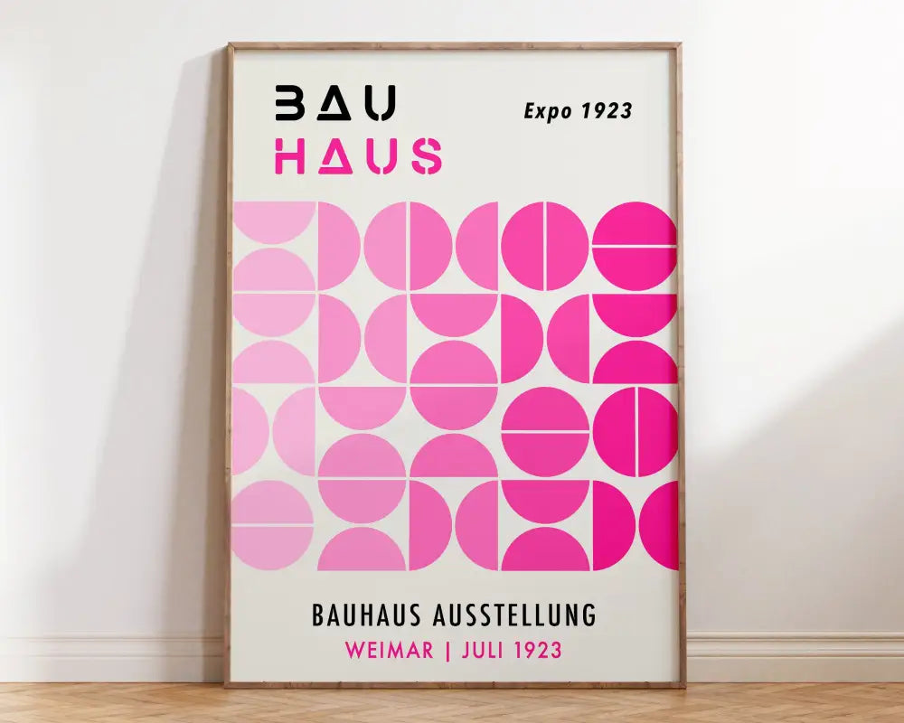 A framed DecorBites™ mid century geometric wall art with bold pink circles on white canvas and black pink text