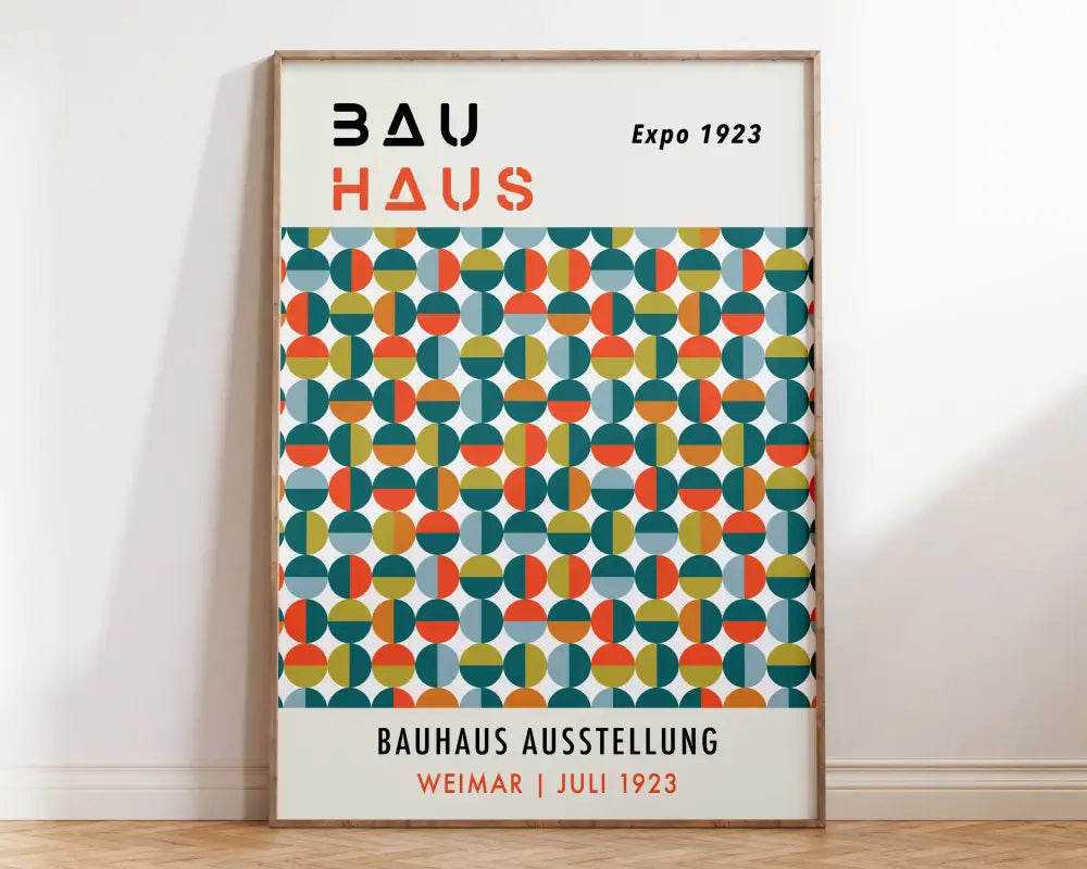 A framed DecorBites™ mid century geometric wall art canvas featuring teal orange and yellow overlapping circles on white background
