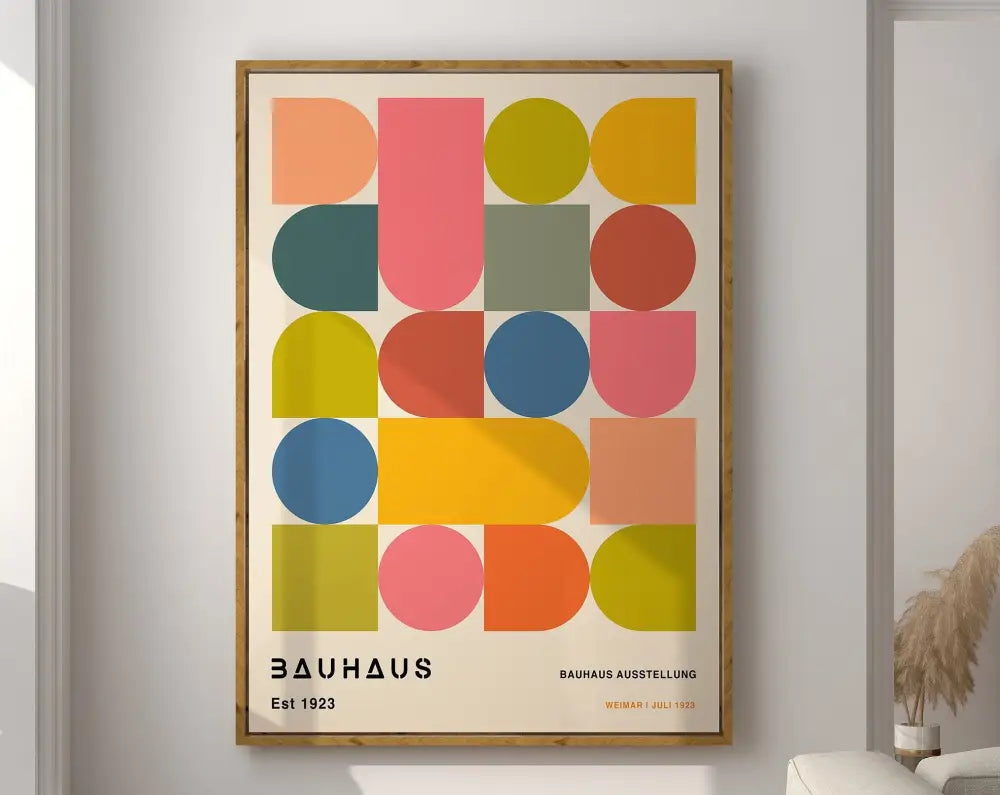 A framed decorbites™ mid century geometric canvas wall art featuring vibrant overlapping circles and rectangles in multiple colors