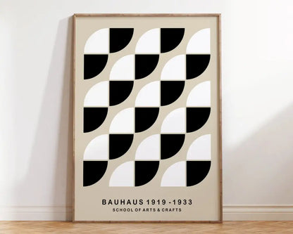 Decorbites™ mid century geometric canvas wall art with black and white semicircles on beige framed in light wood