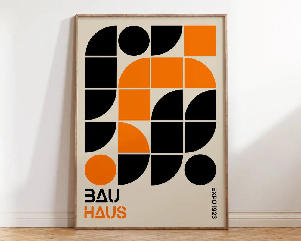 Decorbites™ mid century bauhaus poster canvas featuring bold black and orange geometric wall art on cream background