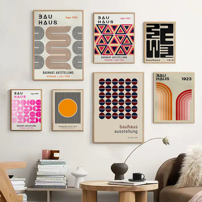 Set of six DecorBites™ mid century geometric wall art prints with bold colors and minimalist typography on cream backgrounds