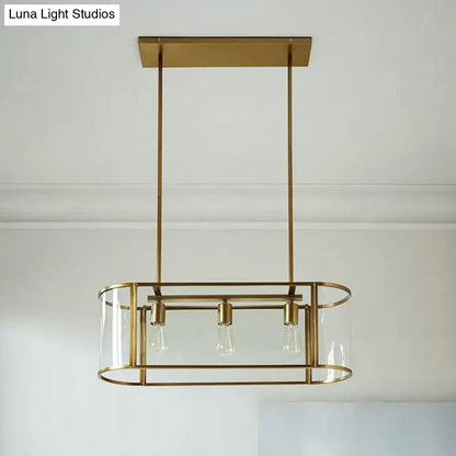 DecorBites mid century brass pendant light with translucent glass oval cage and three exposed bulbs suspended fixture
