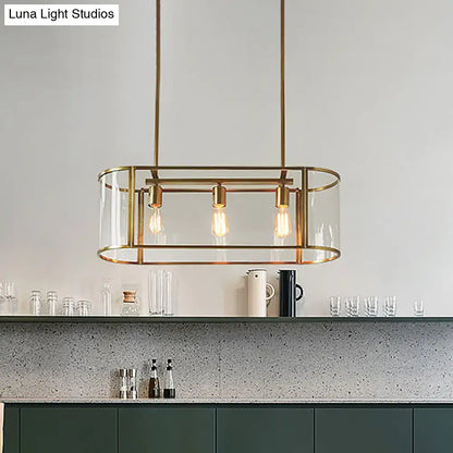 DecorBites mid century gold rectangular pendant light with brass frame translucent glass panels and three filament bulbs