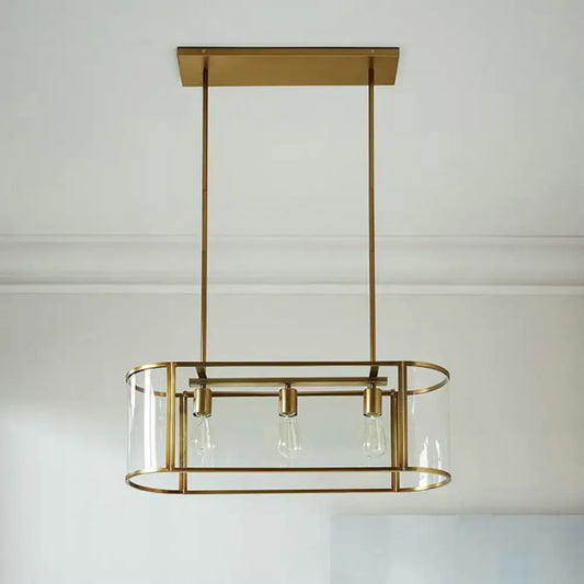 Decorbites mid century gold pendant light with translucent glass oval cage and three exposed bulbs suspended fixture