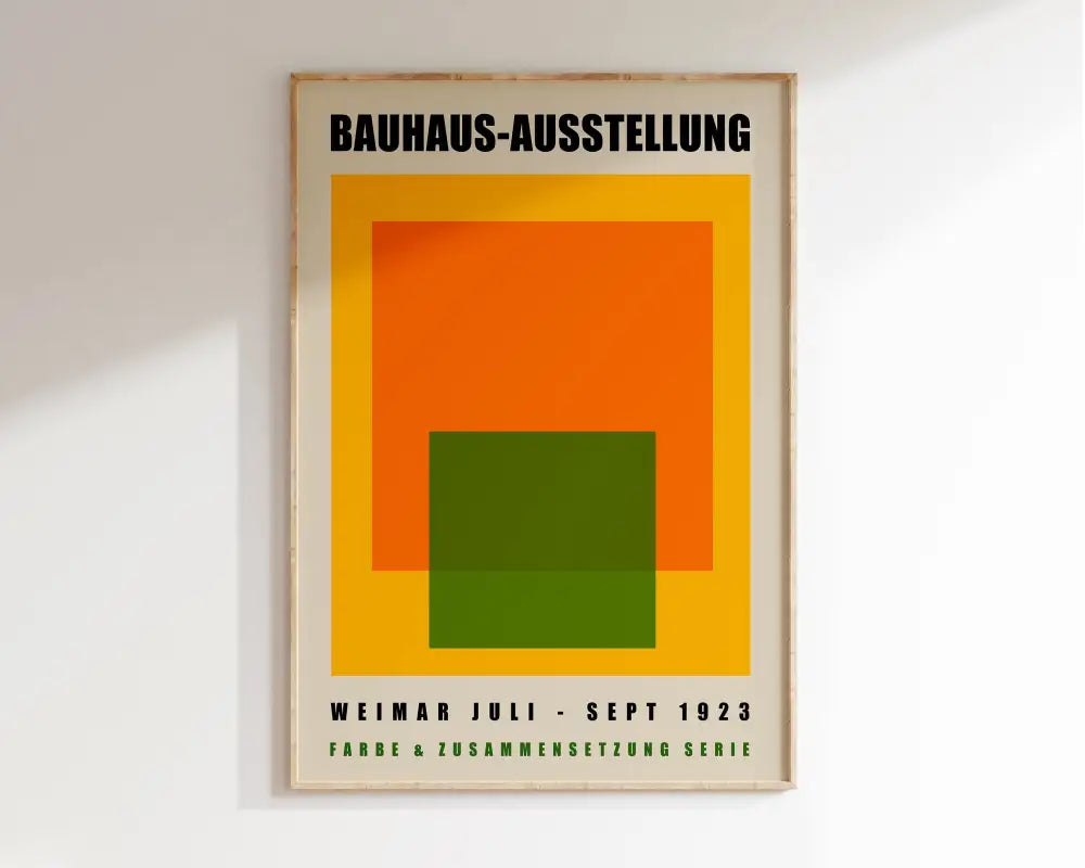 DecorBites mid century modern geometric canvas wall art with bold orange yellow and green shapes on cream background