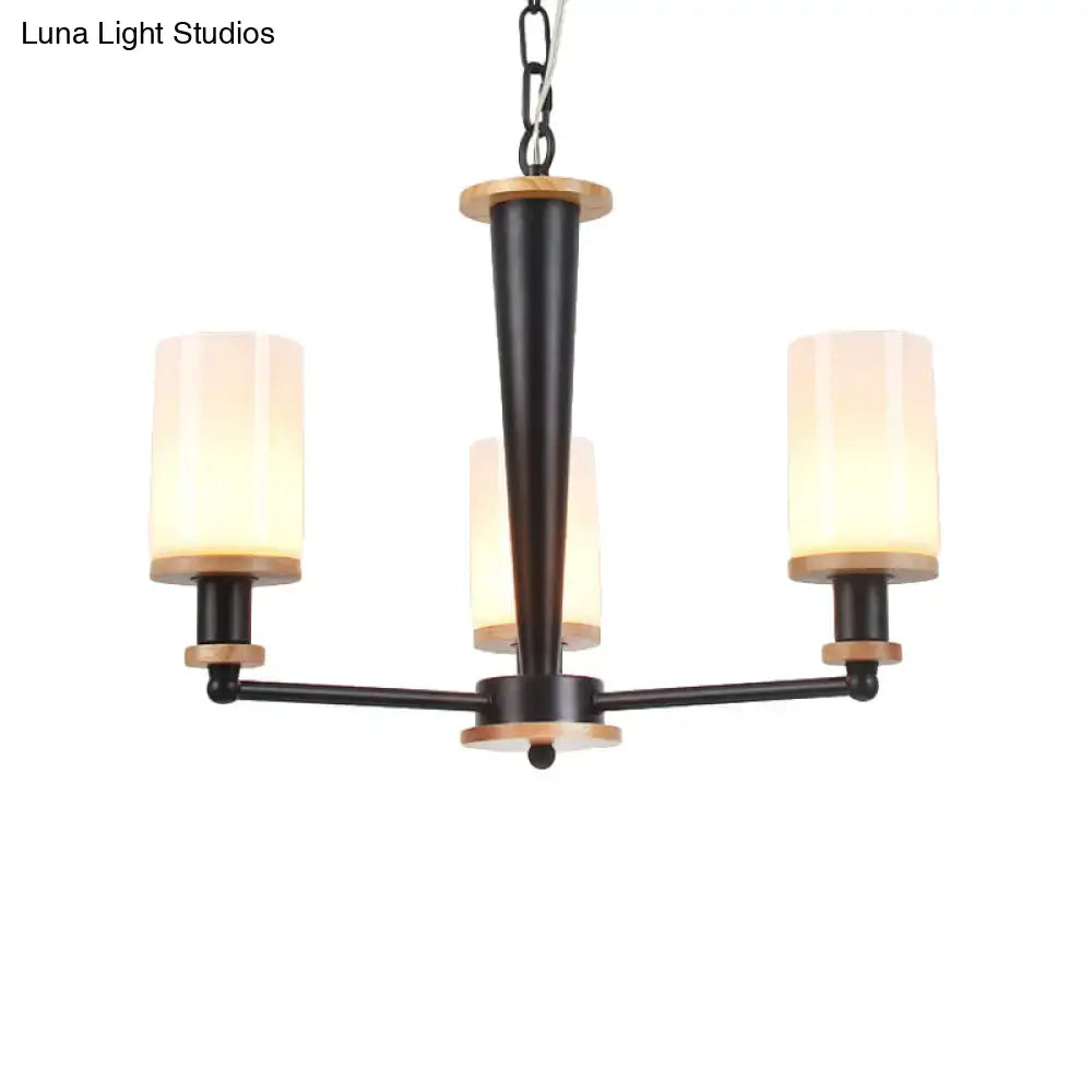 Decorbites mid-century 3-light black metal chandelier with wooden accents and opal frosted glass shades compatible with 220v-240v and 110v-120v led incandescent fluorescent bulbs