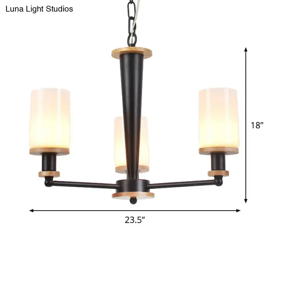 DecorBites mid-century black metal chandelier with wooden accents and three opal frosted glass shades for led lighting