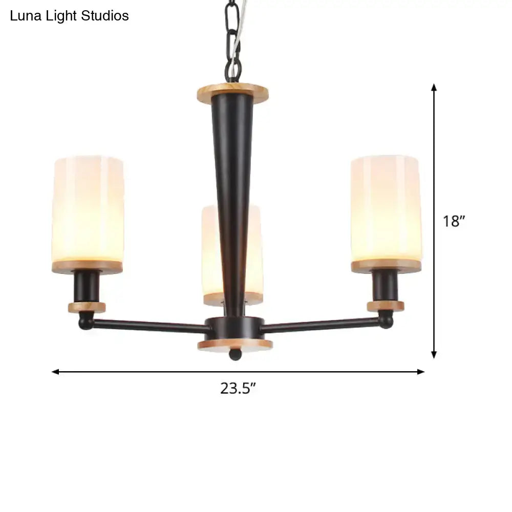 Black metal chandelier with wooden accents and opal frosted glass shades for 220v-240v and 110v-120v led or incandescent use