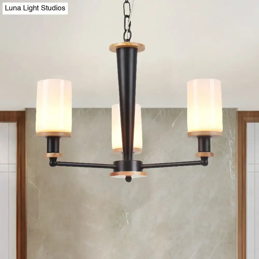 Black metal 3-light chandelier with opal frosted glass shades and wooden accents compatible with led incandescent fluorescent 220v-240v 110v-120v