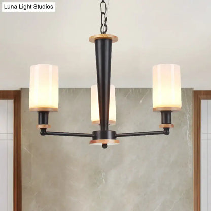 Black metal 3-light chandelier with opal frosted glass shades and wooden accents compatible with led incandescent fluorescent 220v-240v 110v-120v