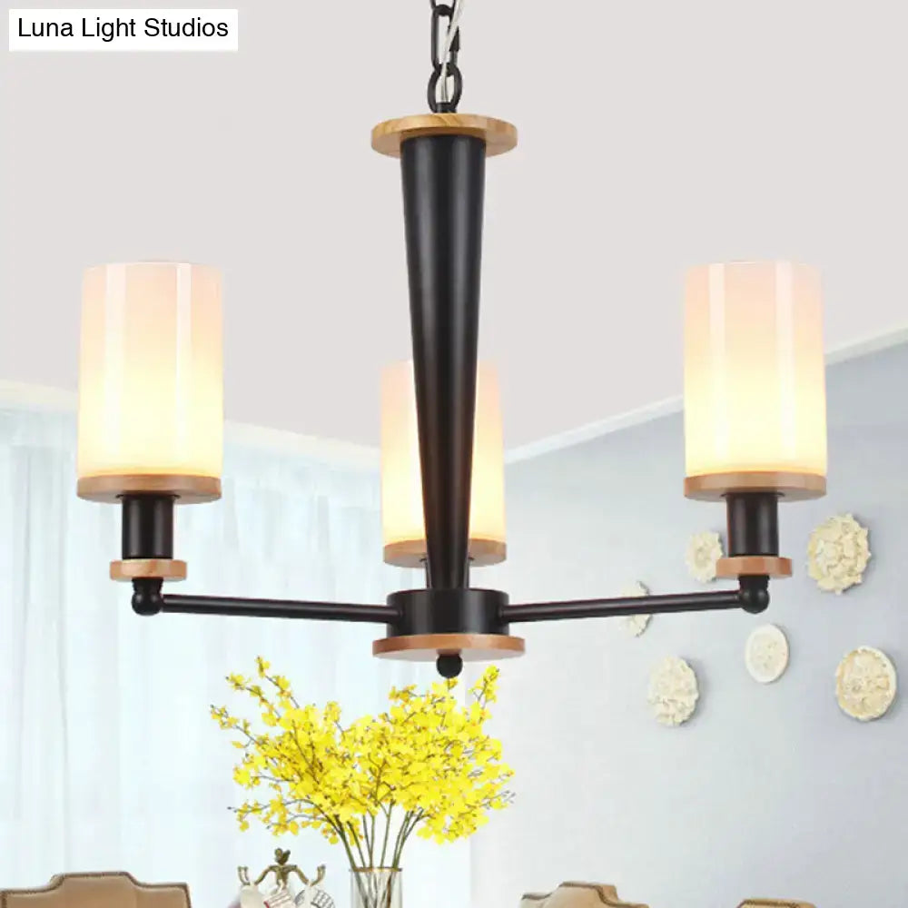 Black metal chandelier with wooden accents and opal frosted glass shades compatible with 220v-240v and led bulbs