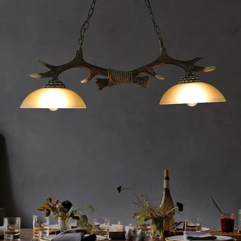 Decorbites milk glass bowl pendant light with faux antler dark brown metal frame and two warm milk glass shades 220v-240v 110v-120v