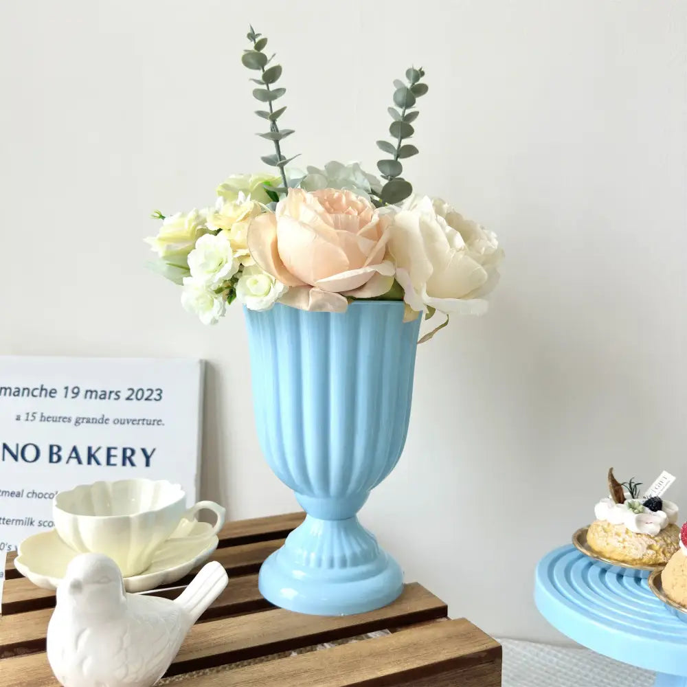 DecorBites™ light blue ribbed ceramic mini flower arrangement vase with peach cream roses and eucalyptus for home decor