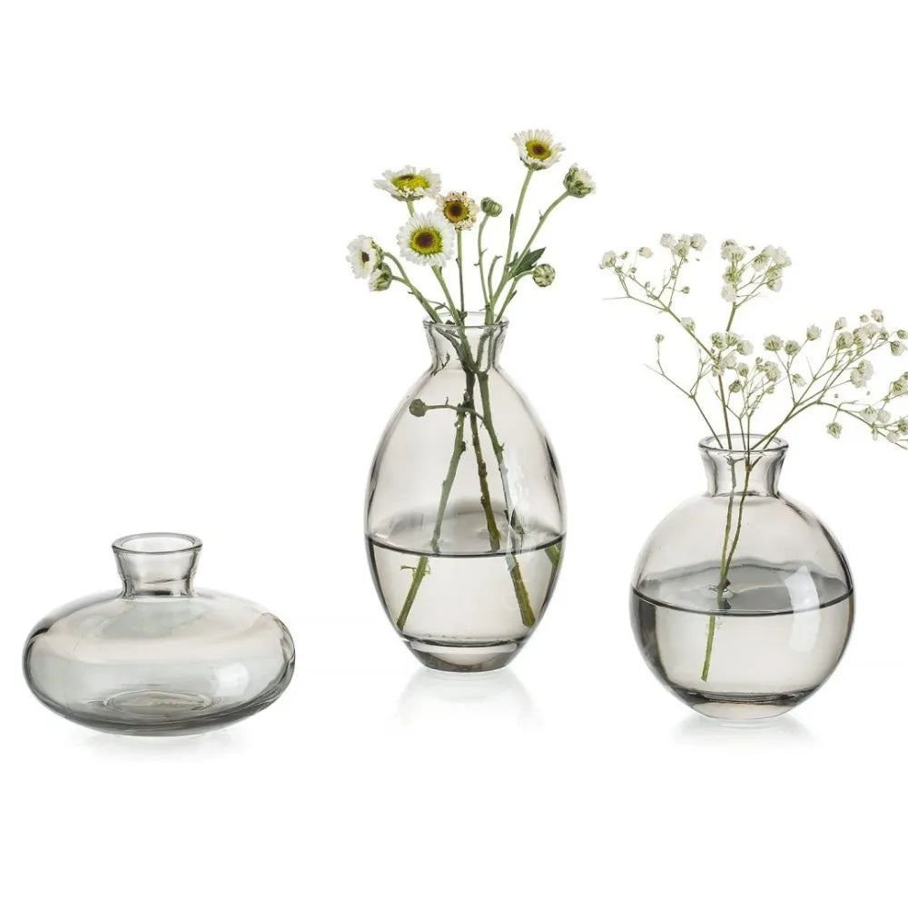 Set of three clear glass DecorBites™ mini flower vases with rounded minimalist design for home decor