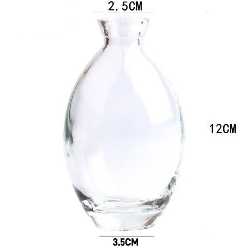 Clear glass mini flower vase with rounded body narrow neck and flat base for home decor by decorbites
