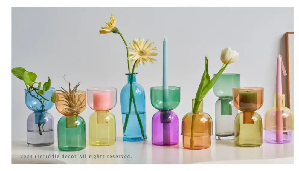 DecorBites™ mini glass vase set featuring colorful translucent glass vases in various shapes and sizes for plants and candles